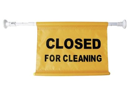 Extendable hanging sign for doorways with "Closed for Cleaning" message, extends from 780mm to 1340mm | Cleaning Hospitality Supplies Queensland
