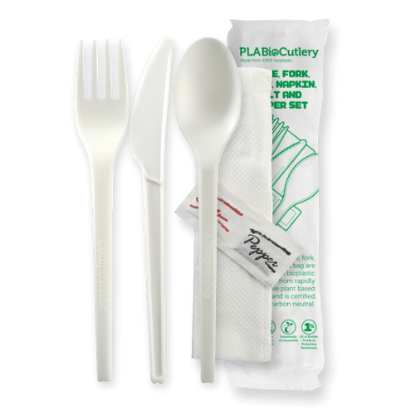 Picture of 100% Bioplastic Knife, Fork, Spoon, Napkin, Salt & Pepper Cutlery Combo set