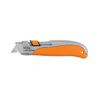 Picture of Auto-Retracting Safety Double Plus Knife-Metal Orange with rubber grip-takes trimming blades